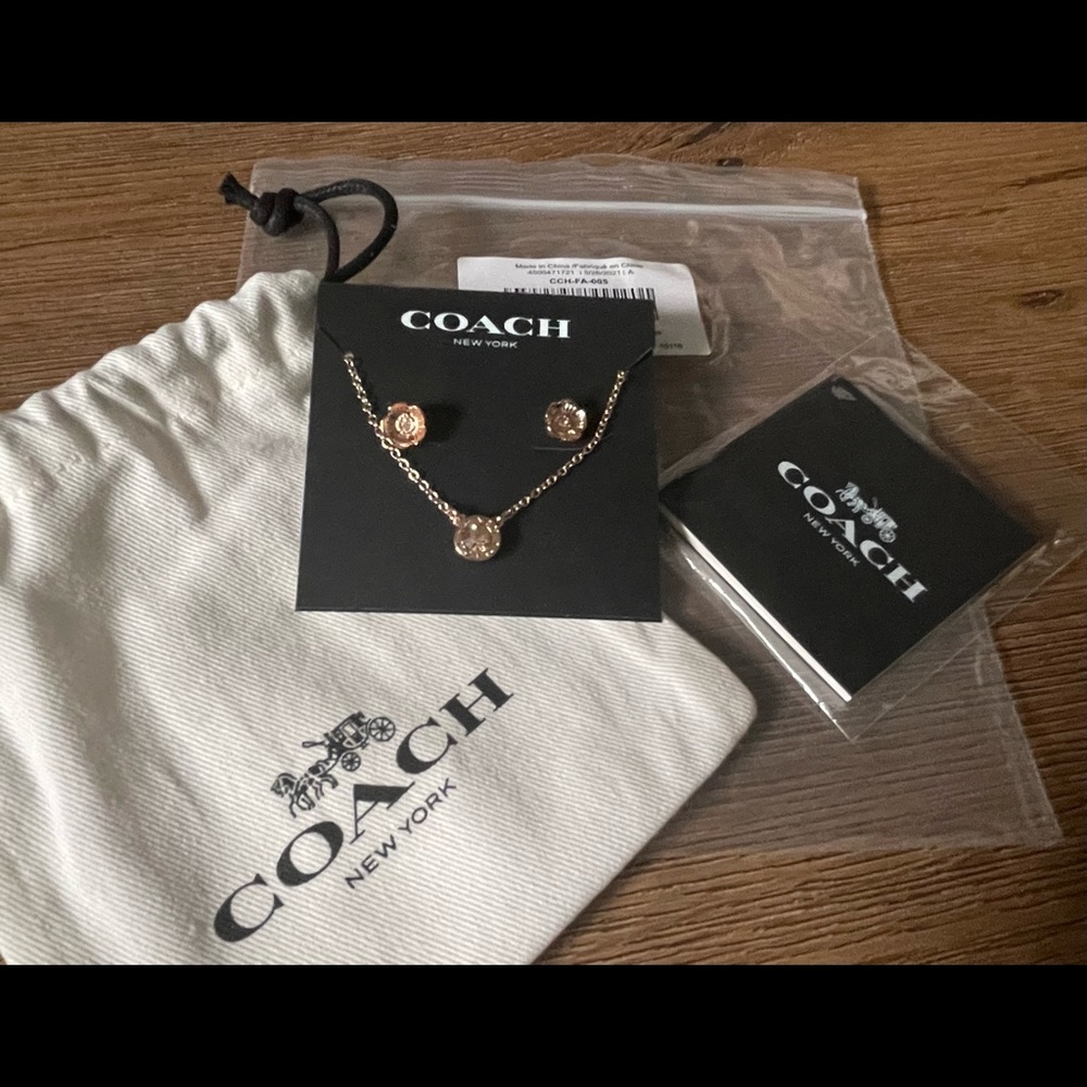 COACH-NWT Rose Gold & Crystal Necklace/Earring Set